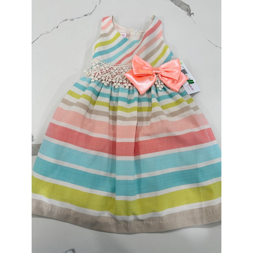 Bonnie Jean Girls 4T Multi Color Stripe Dress Satin Bow Crochet Lace Easter NWT